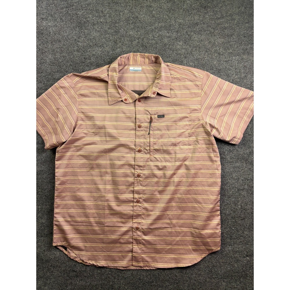 Columbia Button Down Shirt Mens XL Pink Plaid Omni-Shade Short Sleeve Outdoor‎